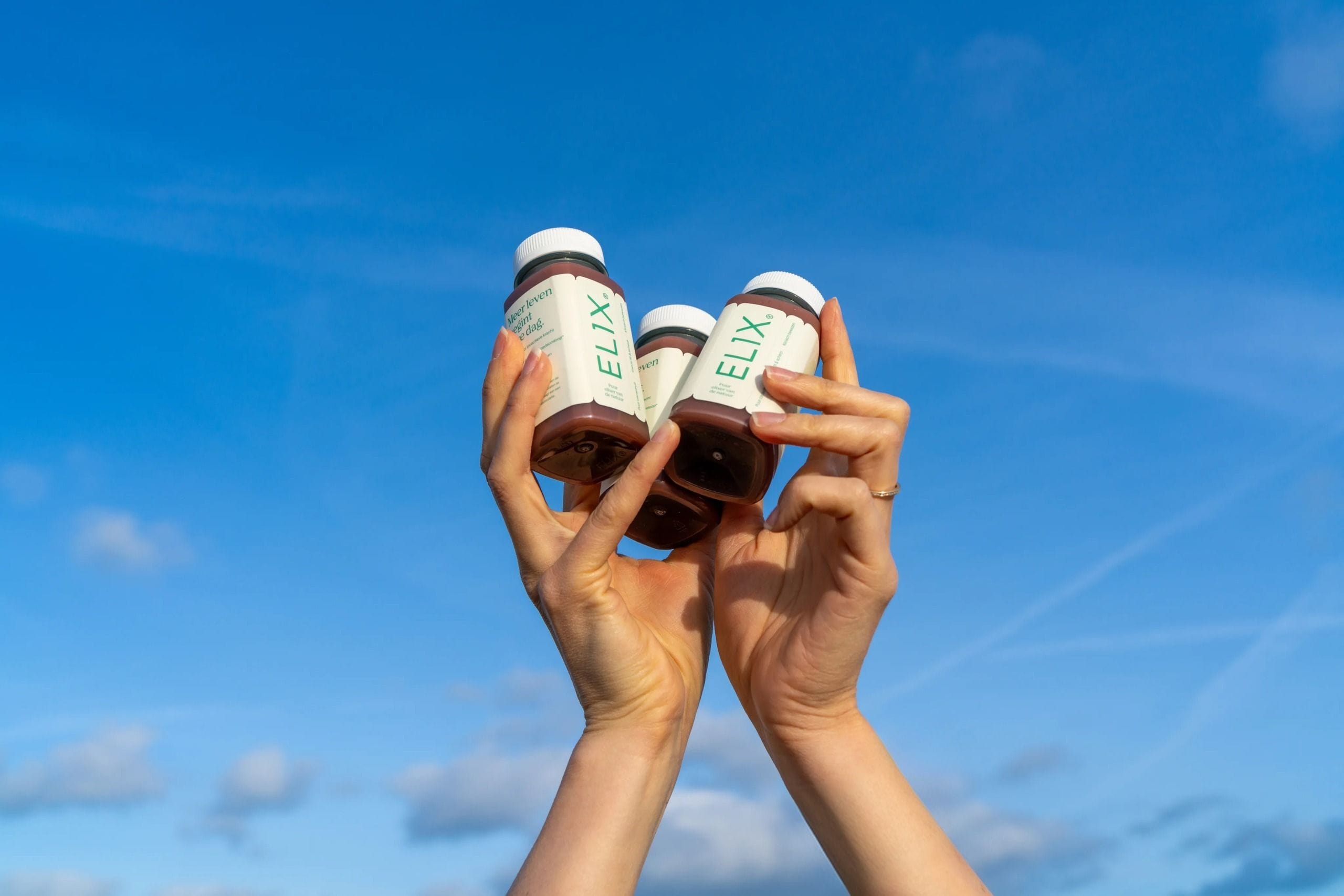 Elix bottles held against sky